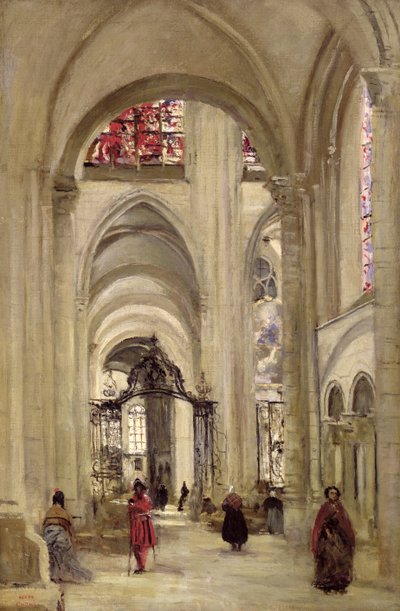 Interieur van de Kathedraal van St. Etienne, Sens, c.1874 door Jean Baptiste Camille Corot